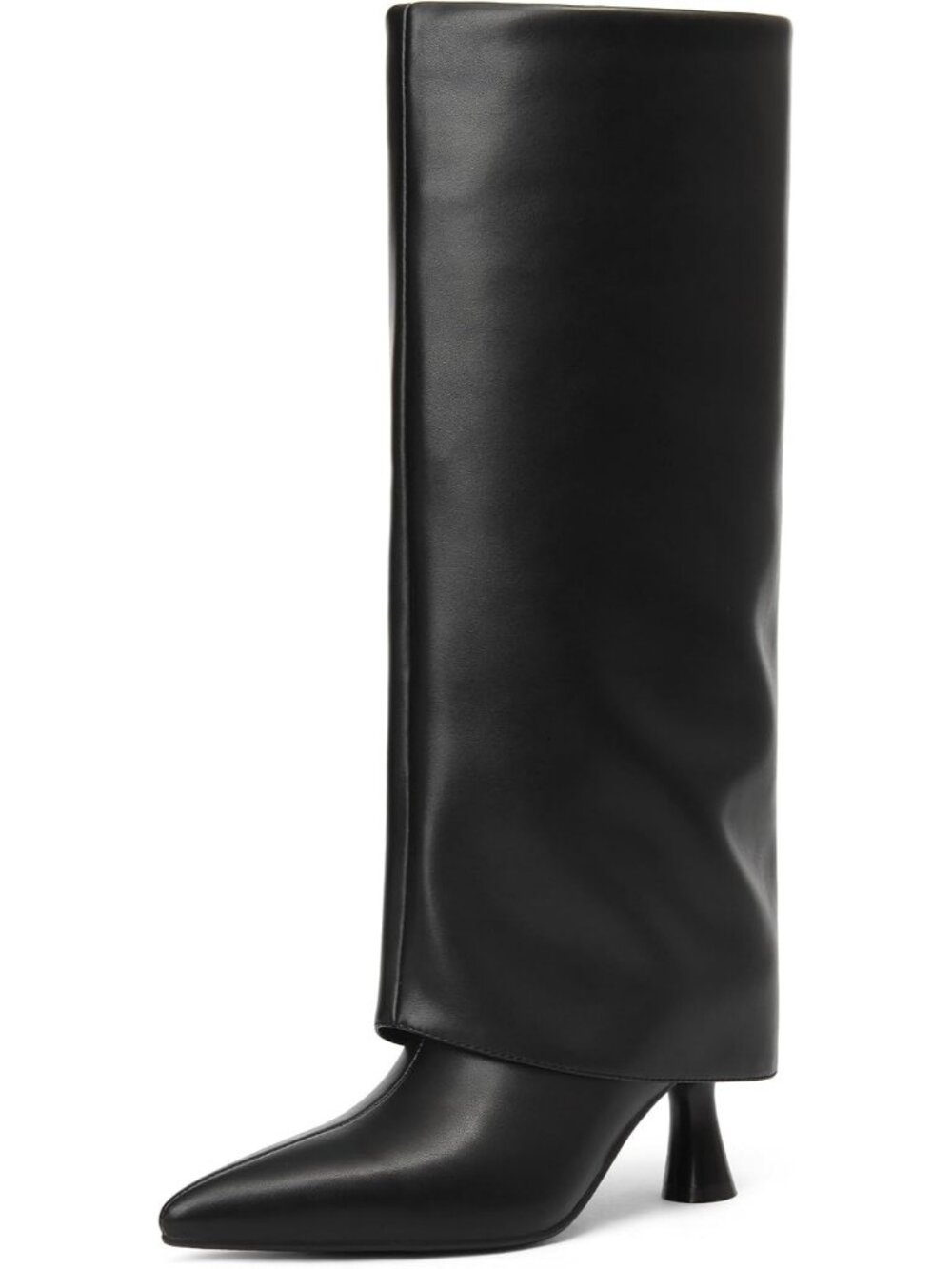 Women's Wide Black Comfortable Low Kitten Heel Pointed Toe Knee High Boots
